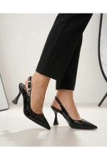 Women Black Patent Pointed Toe Ankle Strap Heels Photograph-2
